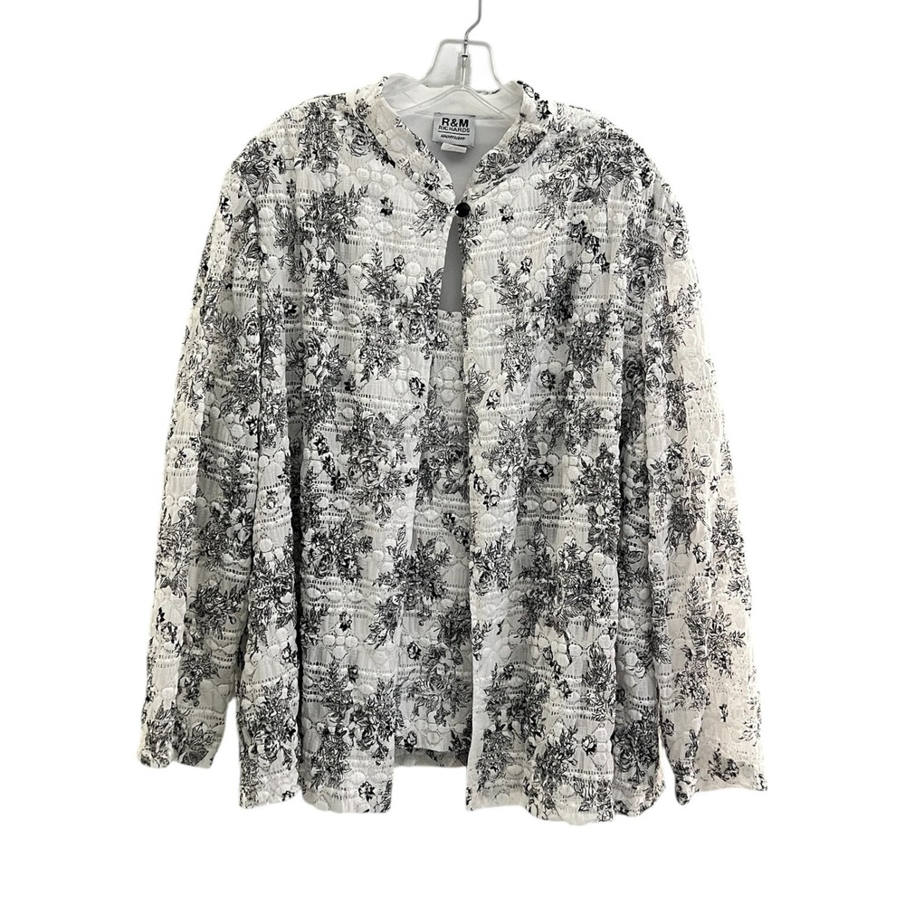 R&M Richards Floral Lace Cardigan Jacket Topper Black White Plus‎ 24W Made USA